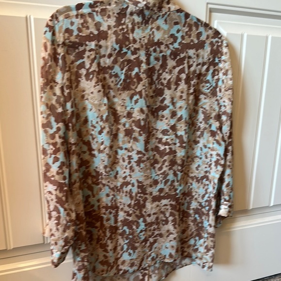 Doncaster Women's Ruffle Blouse - Brown and Blue Pattern 100% Silk - Picture 6 of 6